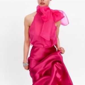 Zara Pink Sheer Organza Bow Halter Top